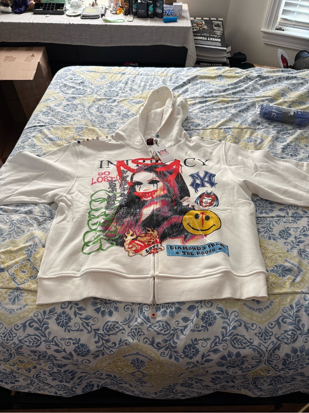 Lost Intricacy White Zip-Up Hoodie with Red & Black Graphic